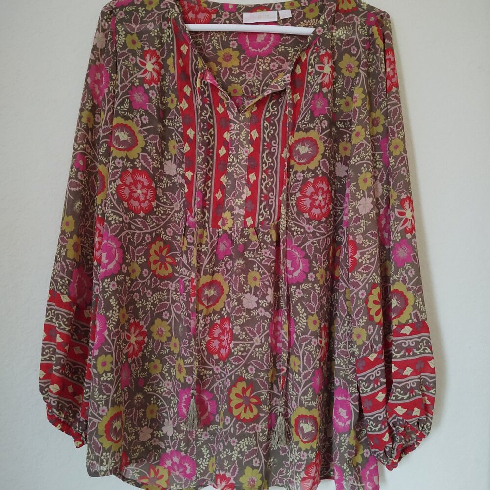 Belle Boho By Kim Gravel Women's Top Tassle Ties Sz M Contrast Yoke Red A556250